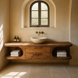 Handcrafted Solid Wood Floating Vanity - Organic Console with Curved Edges and Storage Nooks