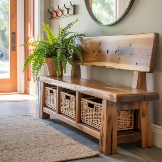 Handcrafted Solid Wood Bench – Rustic Maple Entryway Bench with Backrest and Wicker Storage Baskets