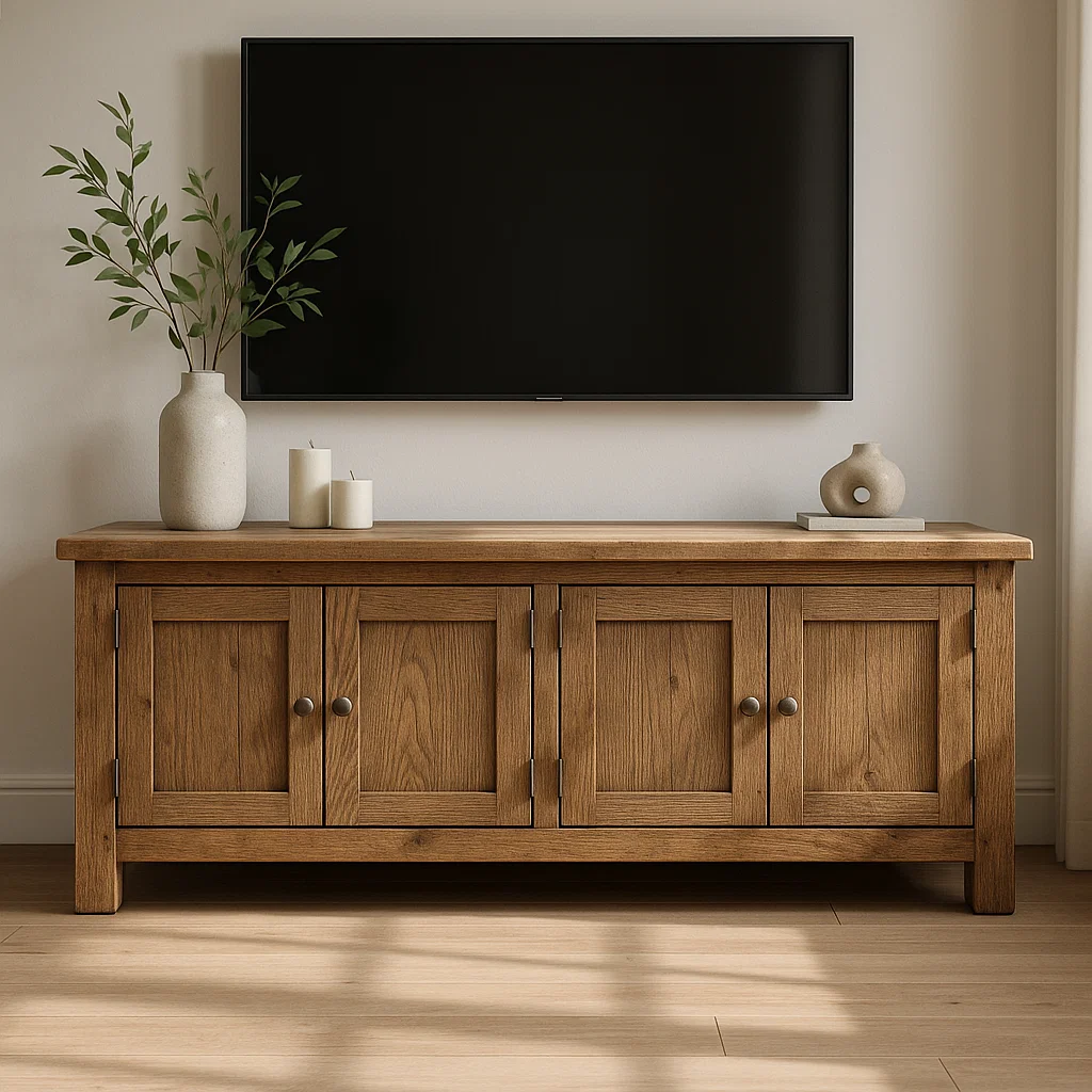 Handcrafted Solid Wood TV Stand – Rustic Farmhouse Media Console with Four Cabinet Doors for Living Room Storage