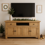 Handcrafted Solid Wood TV Stand – Rustic Farmhouse Media Console with Drawers and Cabinets for Cozy Living Room