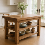 Handcrafted Solid Wood Kitchen Island – Rustic Oak Butcher Block Table with Open Shelves