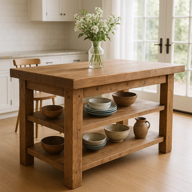 Handcrafted Solid Wood Kitchen Island – Rustic Oak Butcher Block Table with Open Shelves