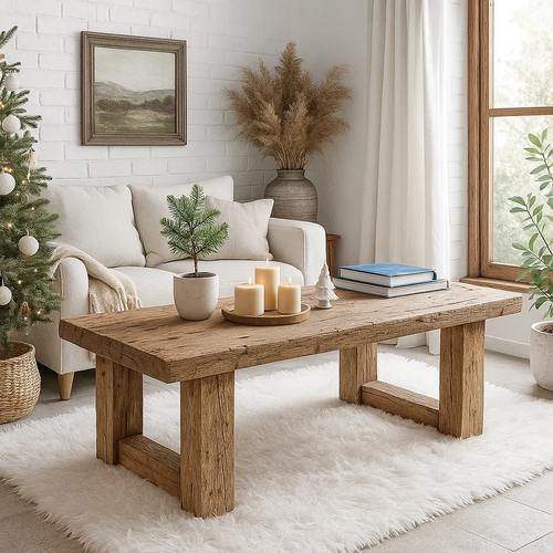 Handcrafted Solid Wood Coffee Table – Rustic Farmhouse Style with Natural Texture Finish