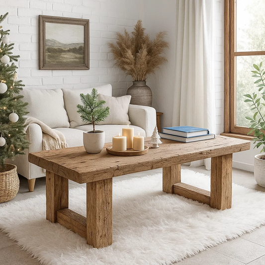 Handcrafted Solid Wood Coffee Table – Rustic Farmhouse Style with Natural Texture Finish