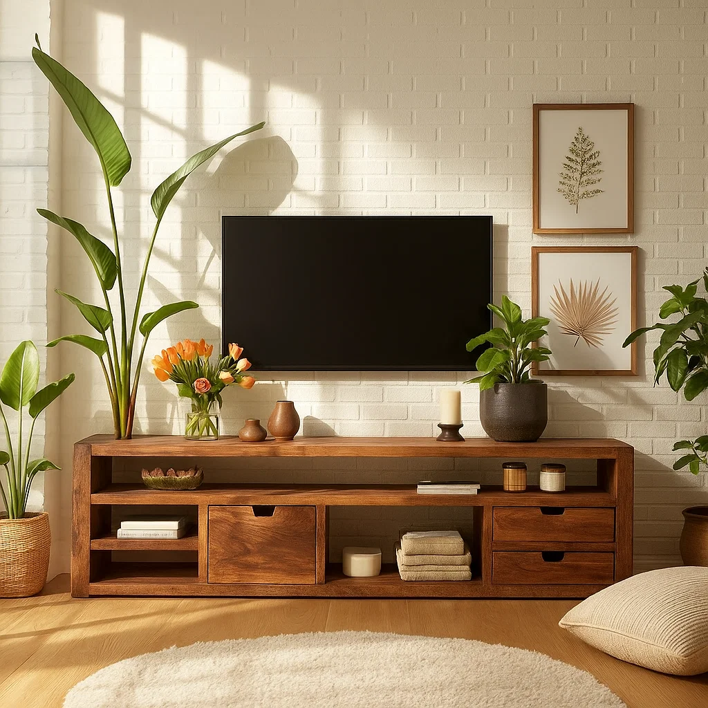 Handcrafted Solid Wood TV Stand with Drawers – Modern Rustic Media Console for Living Room