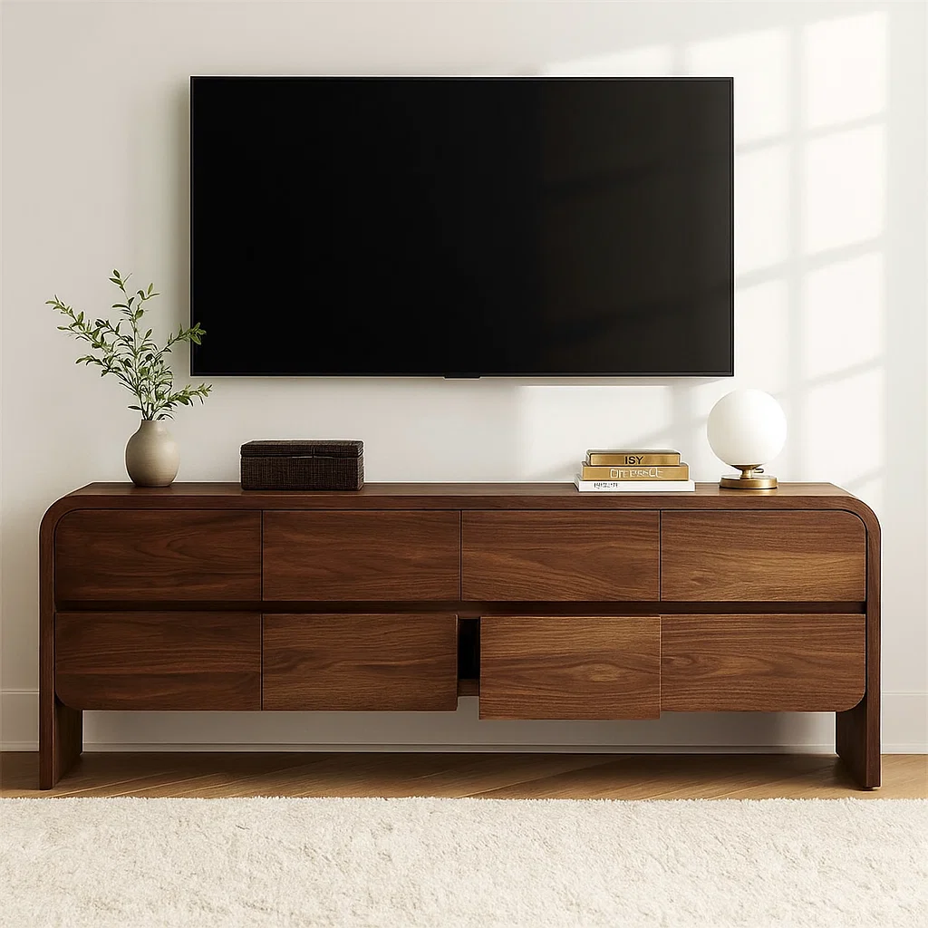 Handcrafted Solid Wood TV Stand – Modern Curved Edge Media Console with Hidden Storage