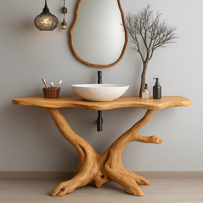 Handcrafted Solid Wood Bathroom Vanity – Organic Tree Root Design with Natural Live Edge