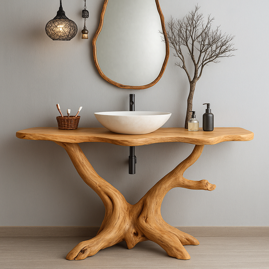 Handcrafted Solid Wood Bathroom Vanity – Organic Tree Root Design with Natural Live Edge