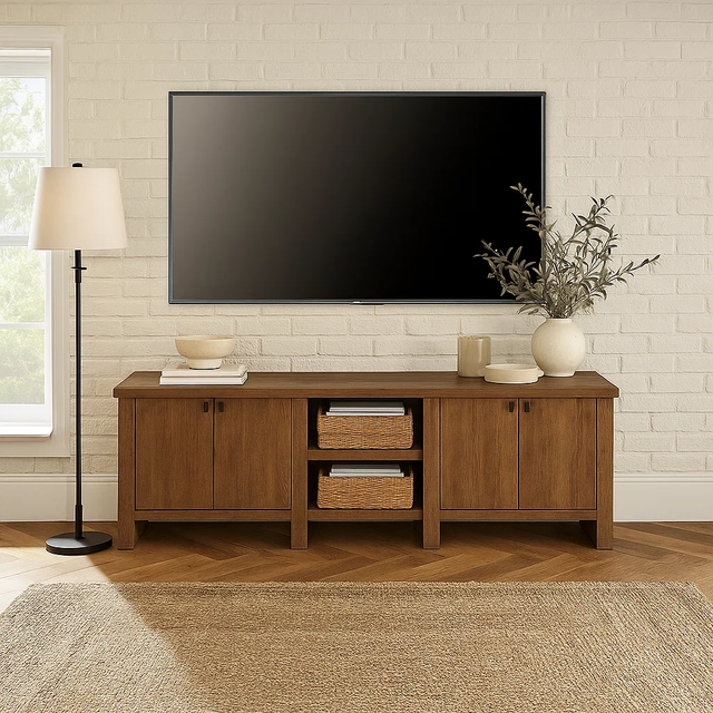 Handcrafted Solid Wood TV Stand with Cabinets – Modern Rustic Media Console Furniture