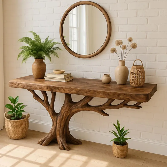 Handcrafted Solid Wood Console Table with Tree Trunk Base and Natural Live Edge Design