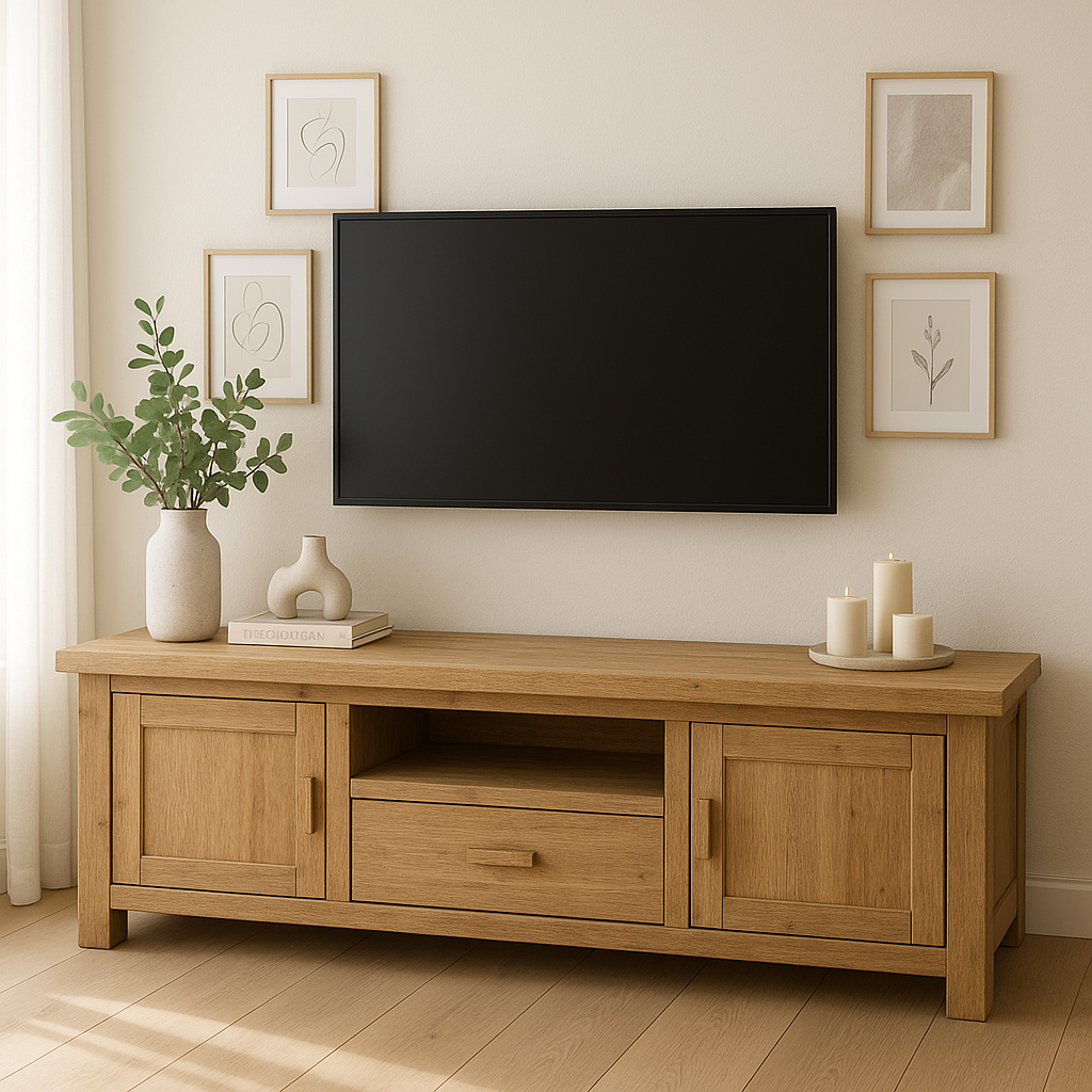 Handcrafted Solid Wood TV Stand – Modern Farmhouse Media Console with Drawer, Cabinets & Open Shelf