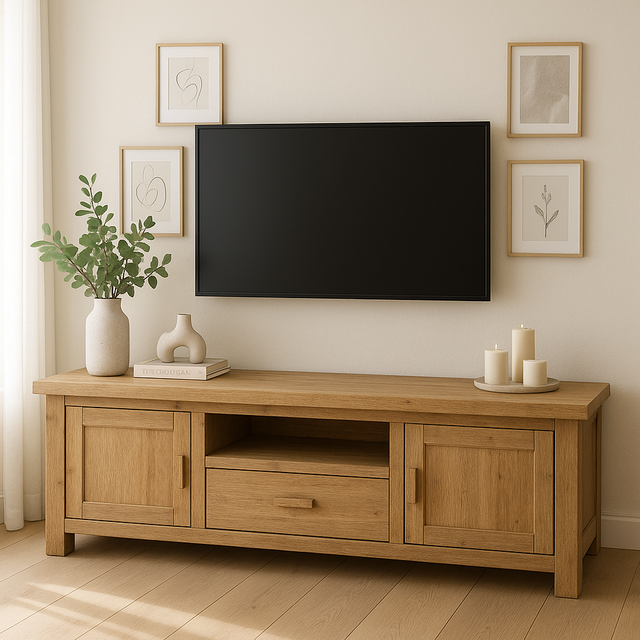 Handcrafted Solid Wood TV Stand – Modern Farmhouse Media Console with Drawer, Cabinets & Open Shelf