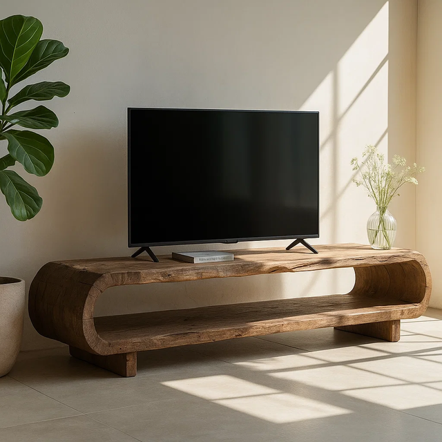 Handcrafted Solid Wood TV Stand – Organic Sculptural Media Console with Natural Rustic Finish and Open Shelves