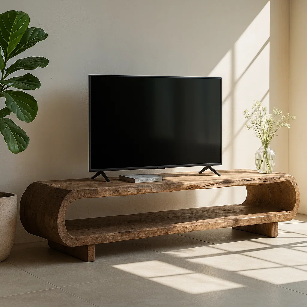 Handcrafted Solid Wood TV Stand – Organic Sculptural Media Console with Natural Rustic Finish and Open Shelves