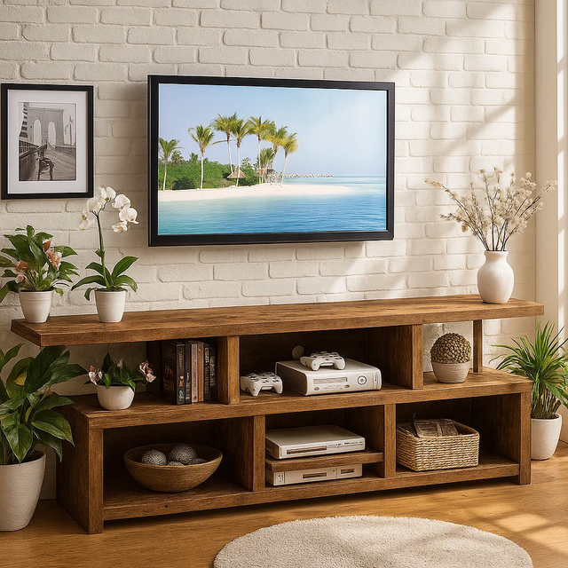 Handcrafted Solid Wood TV Stand – Rustic Modern Media Console with Open Shelves for Living Room Storage and Display