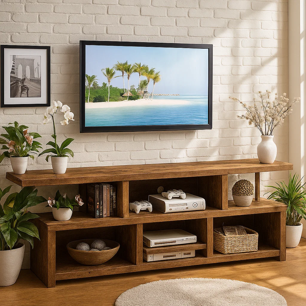 Handcrafted Solid Wood TV Stand – Rustic Modern Media Console with Open Shelves for Living Room Storage and Display