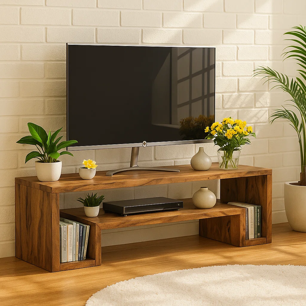 Handcrafted Solid Wood TV Stand – Modern Minimalist Media Console with Open Shelves and Natural Warm Finish