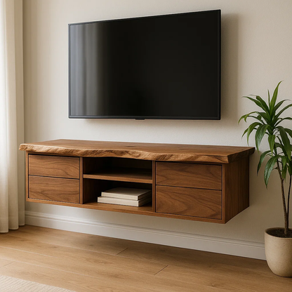 Handcrafted Solid Wood Floating TV - Live Edge Walnut, 4 Drawers & Open Shelf