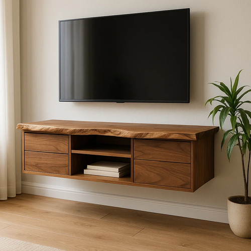 Handcrafted Solid Wood Floating TV - Live Edge Walnut, 4 Drawers & Open Shelf