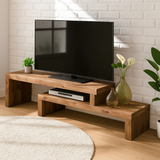 Handcrafted Solid Wood TV Stand – Modern Zen Media Console with Asymmetrical Two-Level Design and Natural Finish