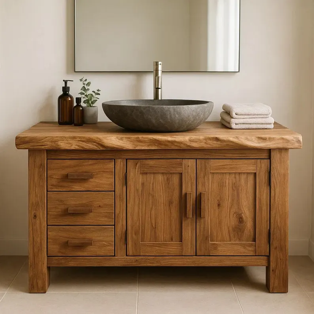 Handcrafted Solid Wood Bathroom Vanity with Drawers and Cabinet Doors – Rustic Farmhouse Vanity Furniture for Storage