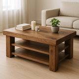 Handcrafted Solid Walnut Coffee Table - Rustic Modern with 2 Open Shelves