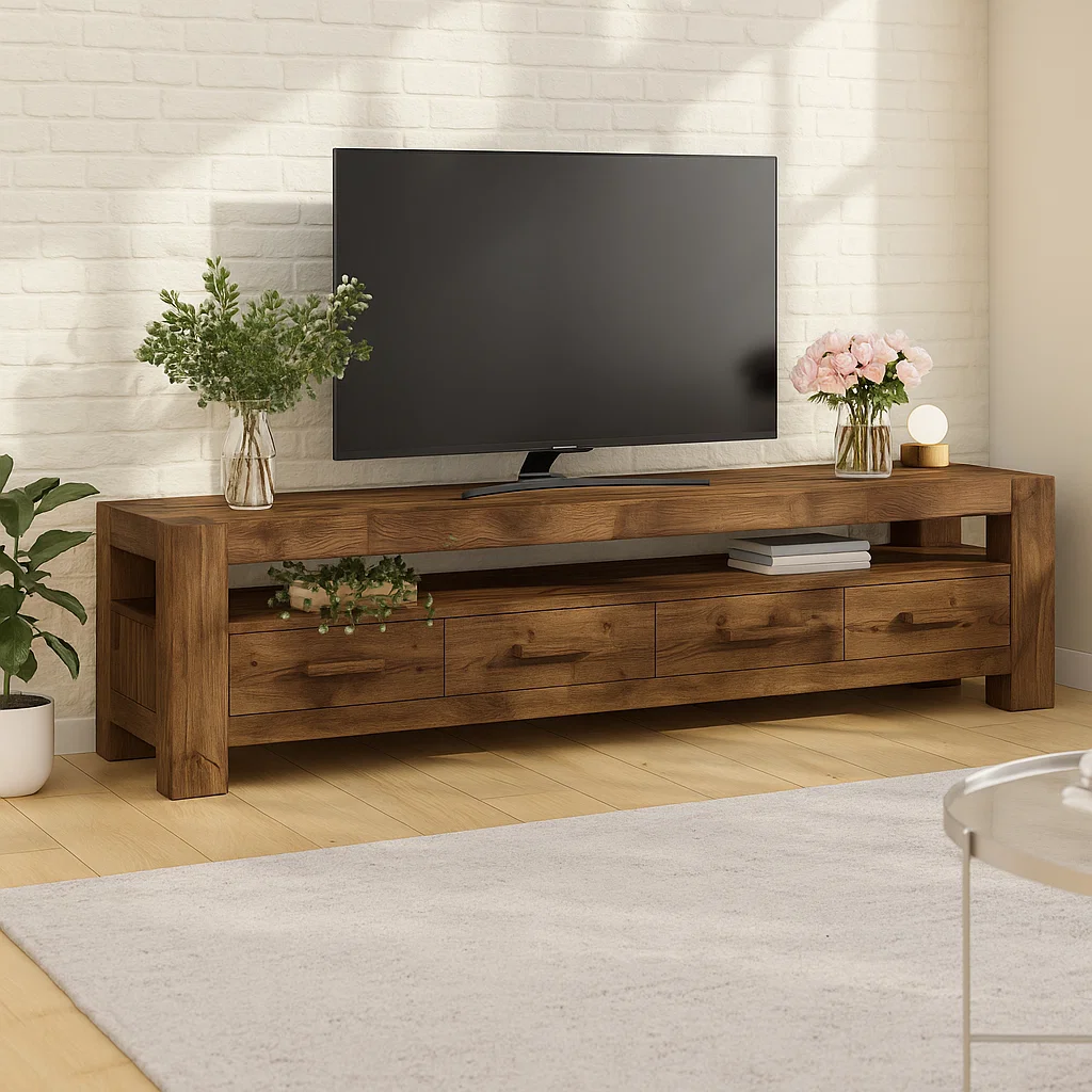 Handcrafted Solid Wood TV Stand – Modern Rustic Media Console with Drawers and Open Shelf in Natural Warm Finish