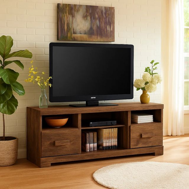 Rustic Solid Wood TV Stand – Handcrafted Media Console with Drawers and Open Shelves for Warm Modern Living Rooms