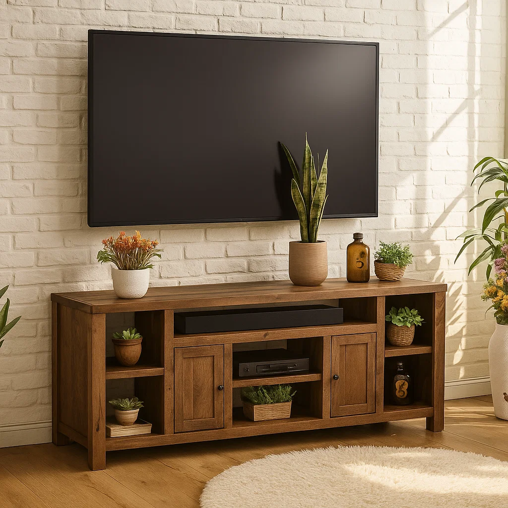 Handcrafted Solid Wood TV Stand – Rustic Entertainment Console with Shelves and Cabinets