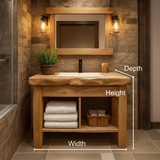 Handcrafted Solid Wood Bathroom Vanity with Natural Live Edge and Open Shelf Rustic Design