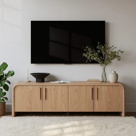Handcrafted Solid Wood TV Stand – Modern Minimalist Media Console with Rounded Corners Design