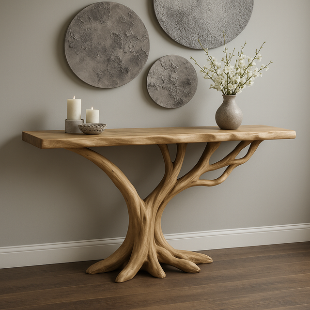 Handcrafted Solid Wood Console Table – Light Oak Tree Branch Design for Modern Organic Interiors