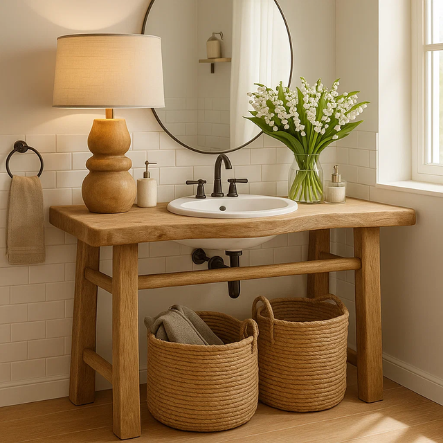 Handcrafted Solid Wood Bathroom Vanity with Minimalist Design and Natural Finish for Modern Spaces