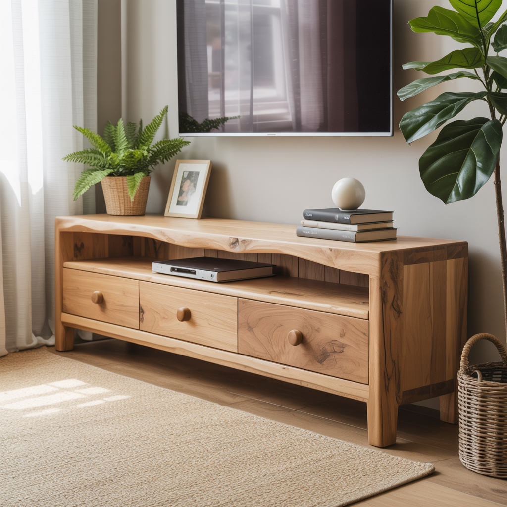 Handcrafted Solid Wood TV Stand with Live Edge Top – Natural Finish Media Console with Drawers and Open Shelf for Japandi Interiors