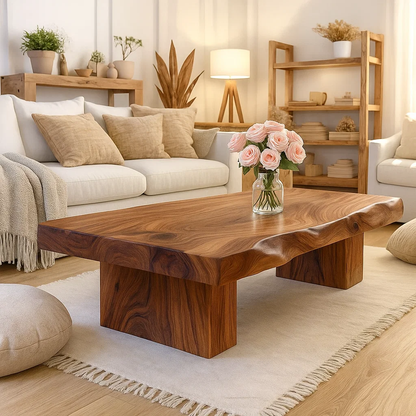 Handcrafted Solid Wood Coffee Table with Sculpted Live Edge – Modern Organic Wood Center Table for Japandi Living Spaces