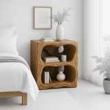 Handcrafted Solid Wood Nightstand – Organic Sculpted Bedside Table with Open Shelves