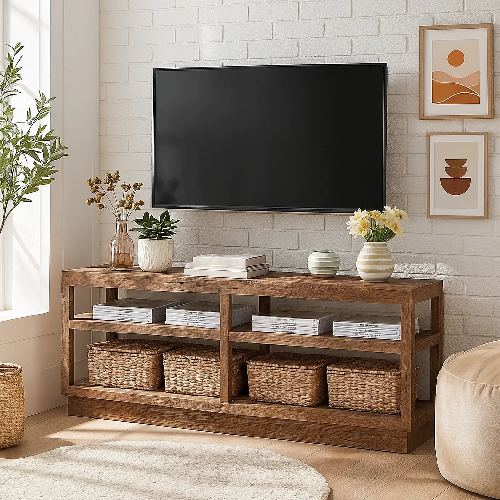Handcrafted Solid Wood TV Stand – Minimalist Open Shelf Media Console for Modern Living Room