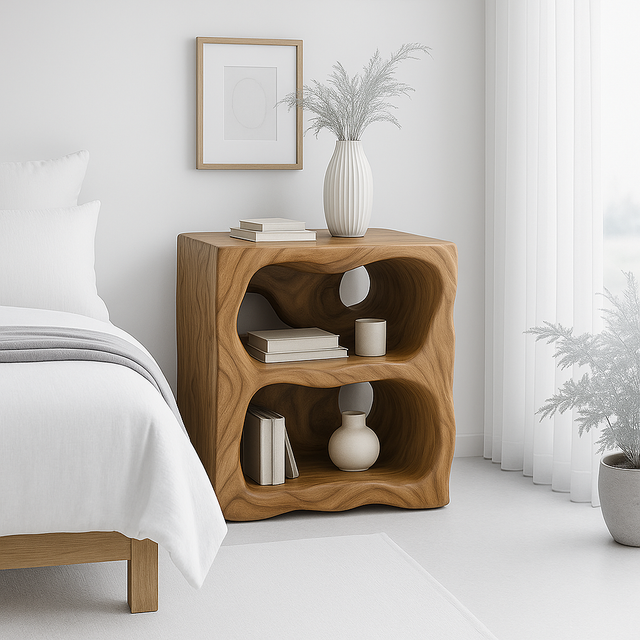 Handcrafted Solid Wood Nightstand – Organic Sculpted Bedside Table with Open Shelves