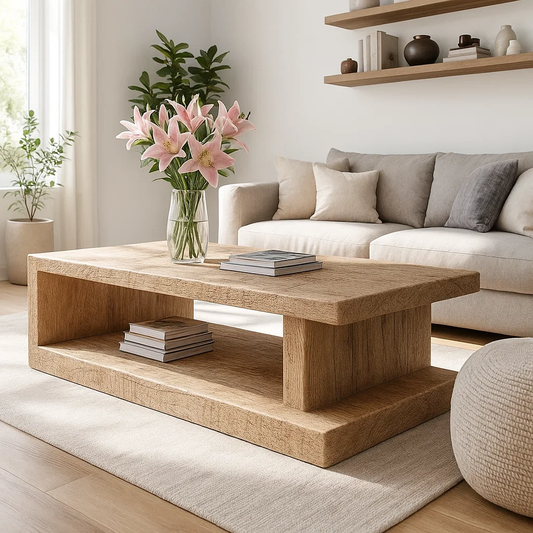 Handcrafted Solid Wood Coffee Table – Minimalist Design with Open Storage for Modern Living