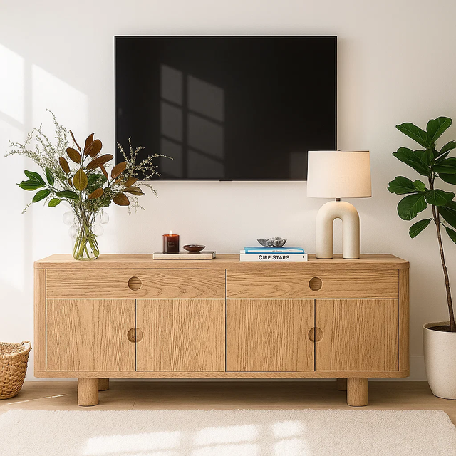 Handcrafted Solid Wood TV Stand – Japandi Style Media Console with Round Handle Design (Copy)