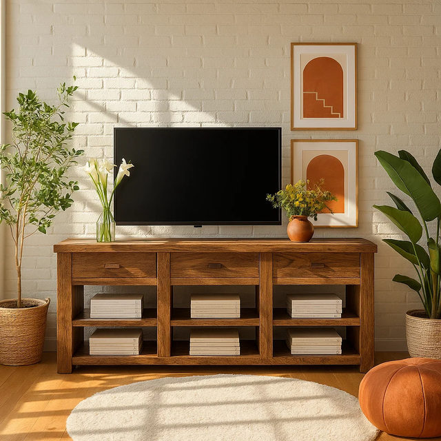 Handcrafted Solid Wood TV Stand with Drawers – Rustic Media Console for Modern Living Room