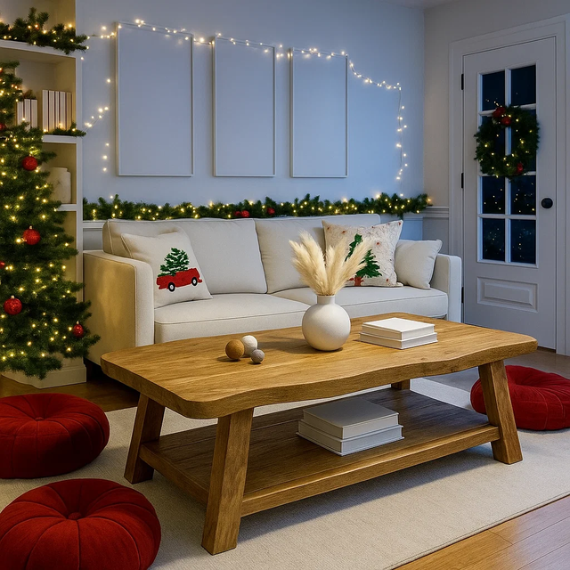 Handcrafted Solid Wood Coffee Table with Live Edge Design – Rustic Modern Center Table with Bottom Shelf for Cozy Holiday Living Rooms