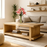 Handcrafted Solid Wood Coffee Table – Minimalist Japandi Wood Center Table with Open Shelf for Modern Natural Living Spaces