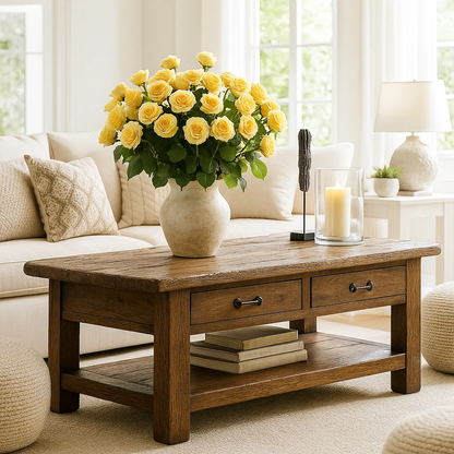 Handcrafted Solid Wood Coffee Table – Rustic Farmhouse Center Table with Drawers and Shelf for Cozy Living Room Décor