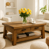 Handcrafted Solid Wood Coffee Table – Rustic Modern Center Table with A-Frame Legs, Drawers, and Shelf for Cozy Living Room