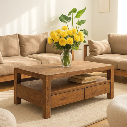Handcrafted Solid Wood Coffee Table – Modern Rustic Center Table with Drawers and Open Shelf for Minimalist Living Room Décor