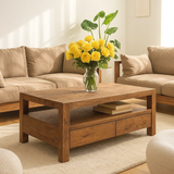 Handcrafted Solid Wood Coffee Table – Modern Rustic Center Table with Drawers and Open Shelf for Minimalist Living Room Décor