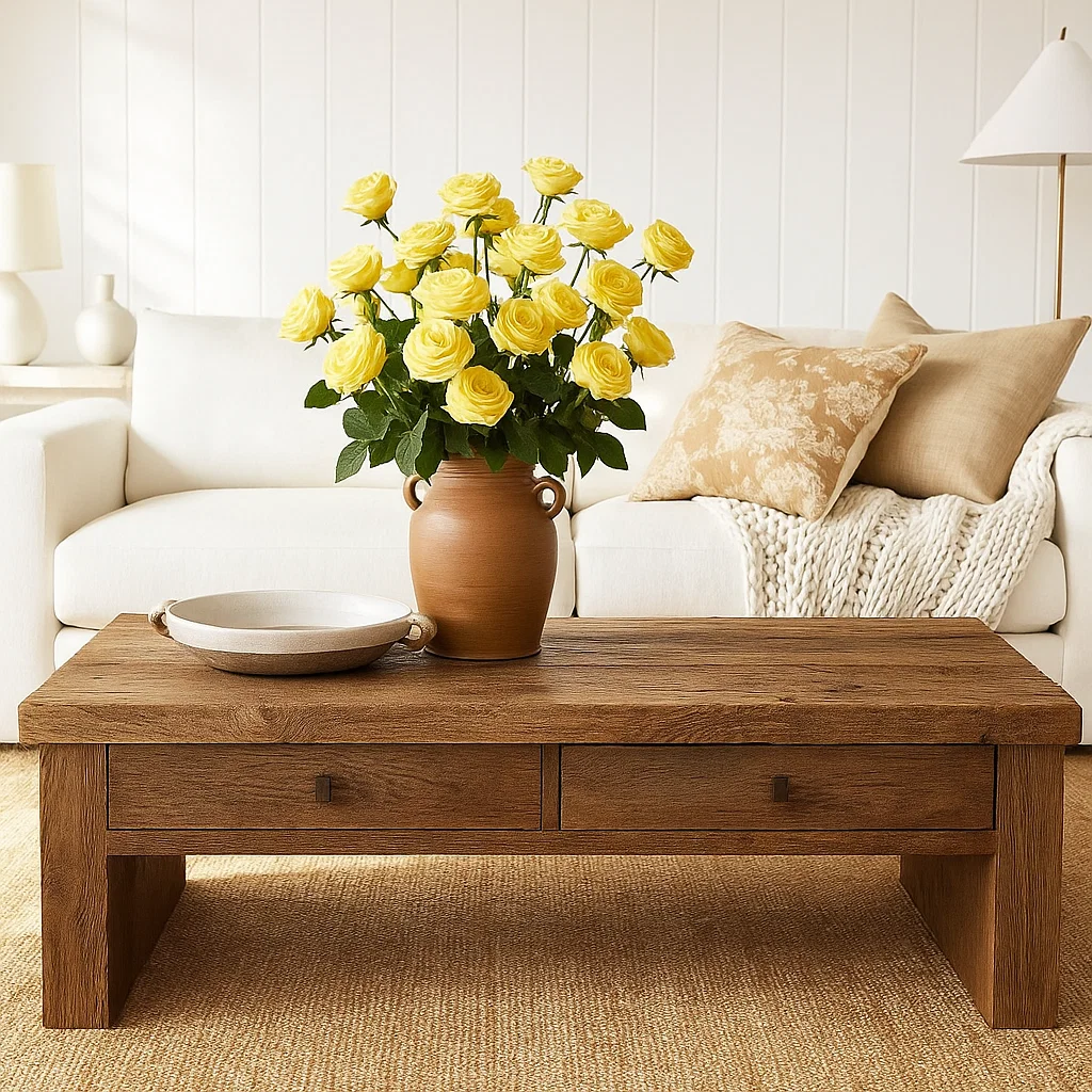 Handcrafted Solid Wood Coffee Table – Rustic Farmhouse Center Table with Drawers, Minimal Design for Elegant Living Room