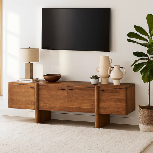 Handcrafted Solid Wood TV Stand – Modern Floating Media Console with Sculptural Base Design