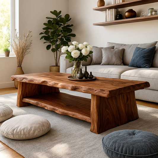 Handcrafted Solid Wood Coffee Table – Live Edge Design with Natural Grain and Organic Shape